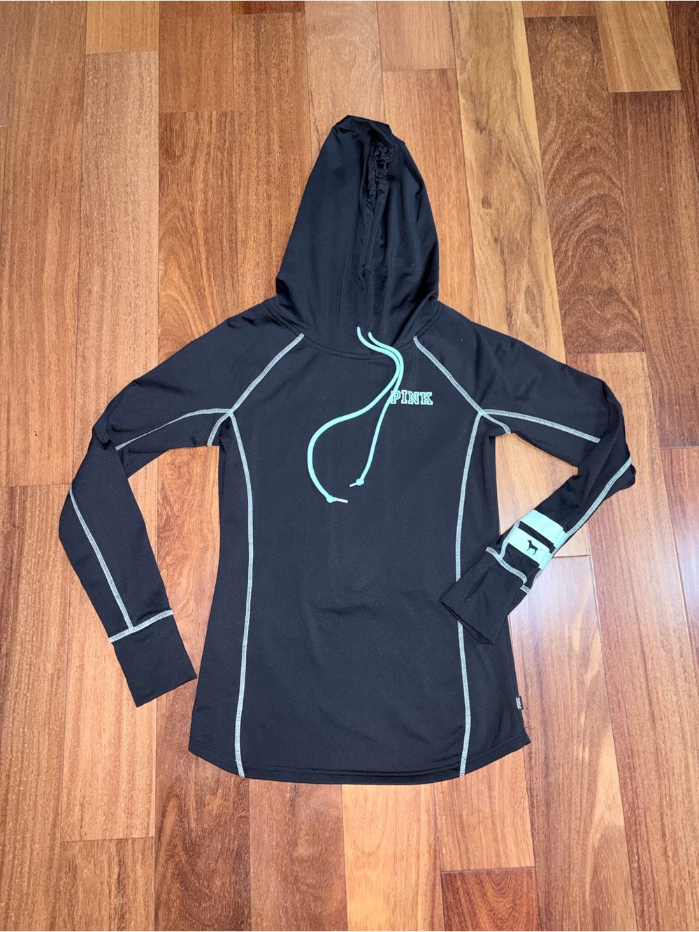 PINK Victoria's Secret Black Hooded Active Pullover with Mint Trim